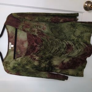 Dress Barn Sz L Green and Brown Lightweight Floral Tufted Long Sleeve Top